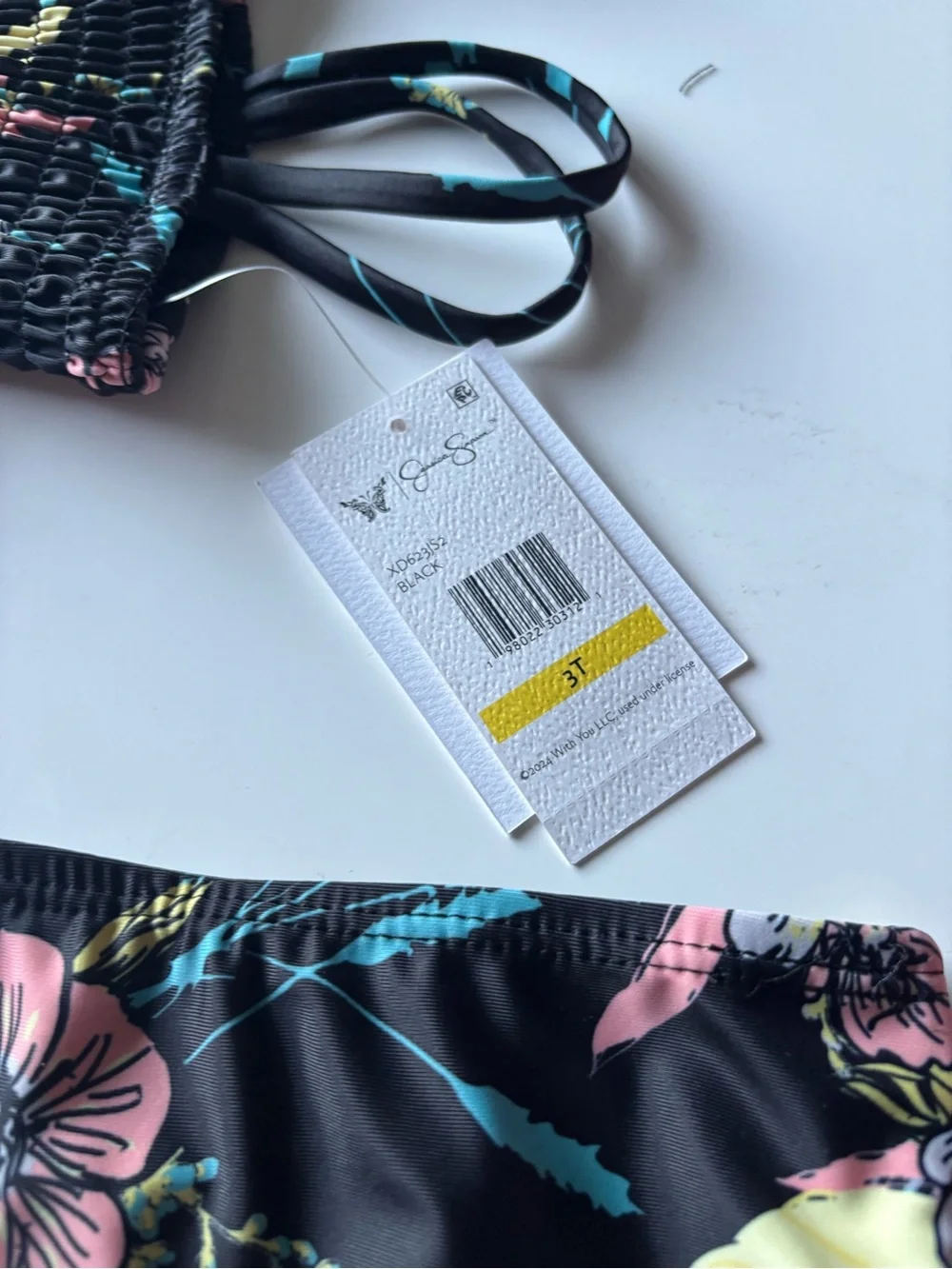 Jessica Simpson Black Floral Smocked Bikini in Pink, Yellow & Teal